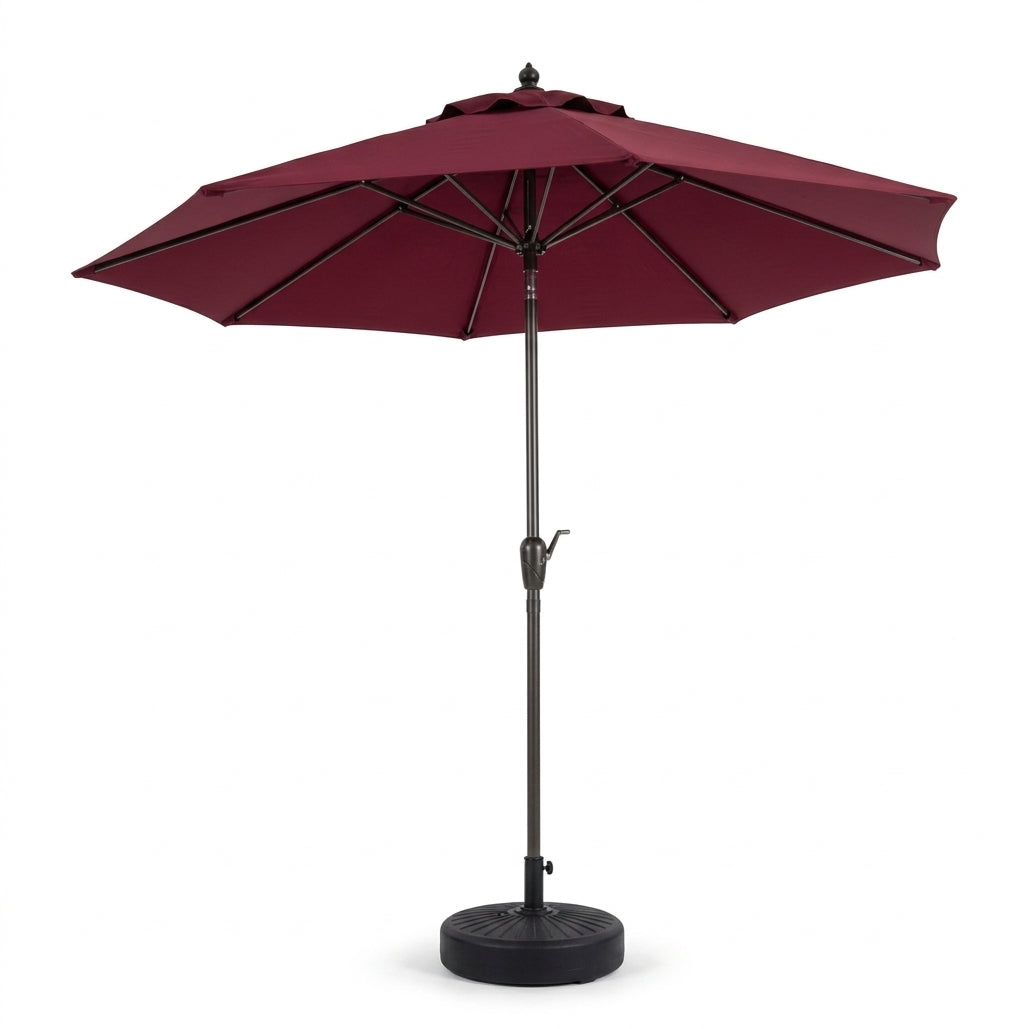 A dark red patio umbrella with a black metal pole, weighted base, and top finial, shown on a solid white background.