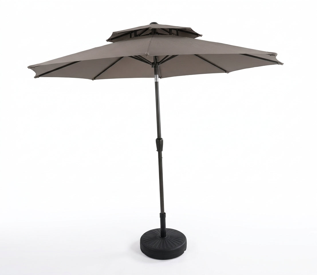 A Double top patio umbrella with a dark taupe canopy and a black pole and weighted base, shown on a solid white background.