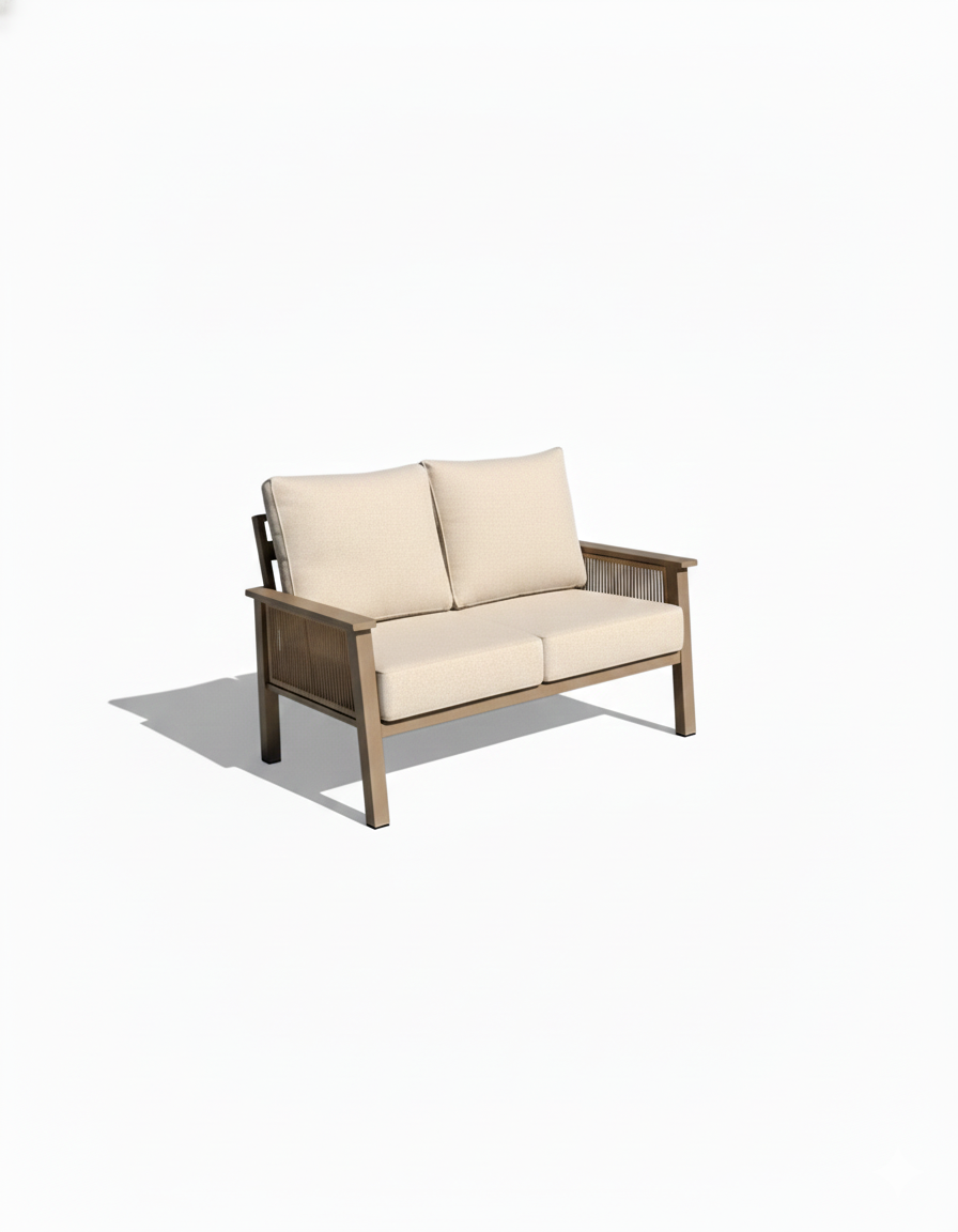 Aluminum outdoor sofa with beige cushions on a white background