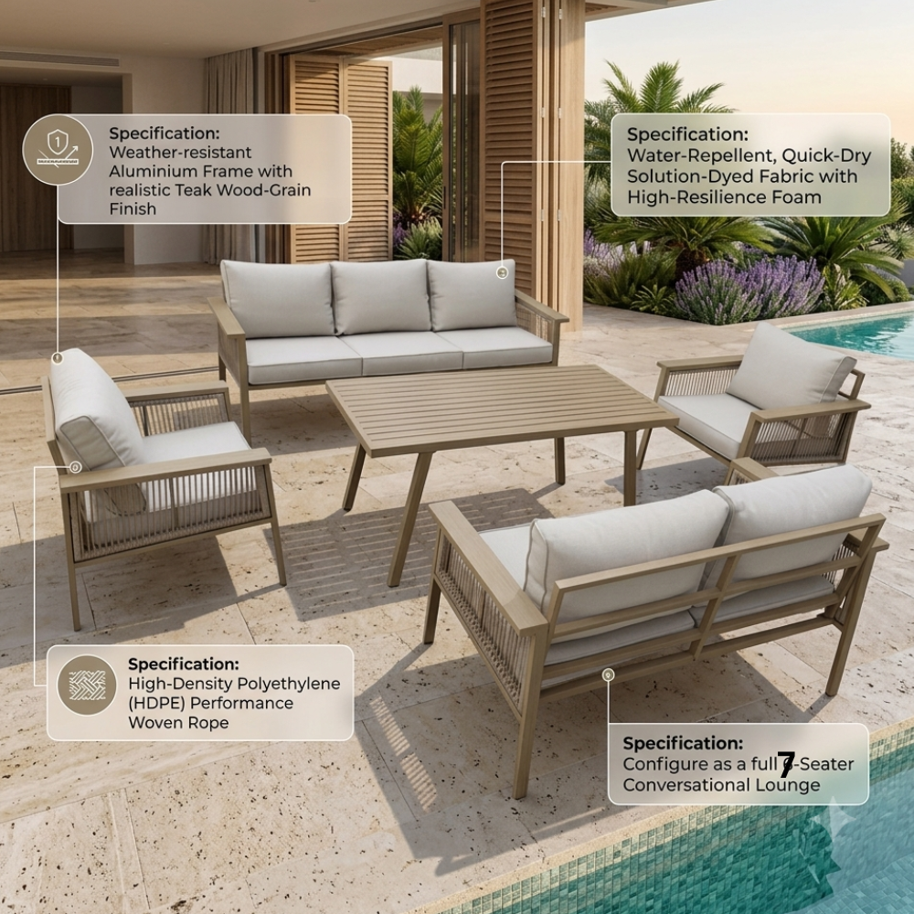 7-Seater Aluminum Outdoor Sofa Set – Khaki