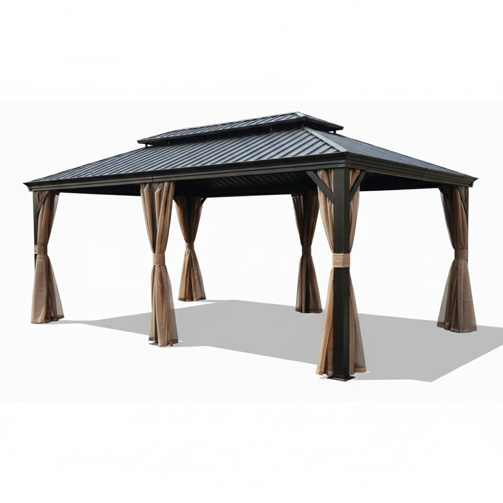 Outdoor gazebo with brown curtains on a white background