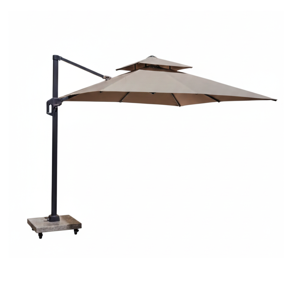 Beige patio umbrella with a stand on a white background