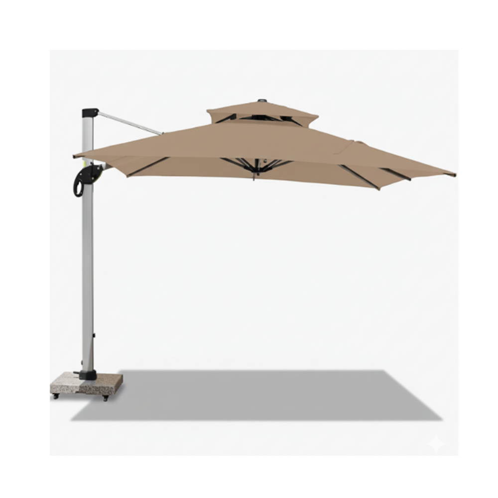 Beige patio umbrella with a stand on a white background