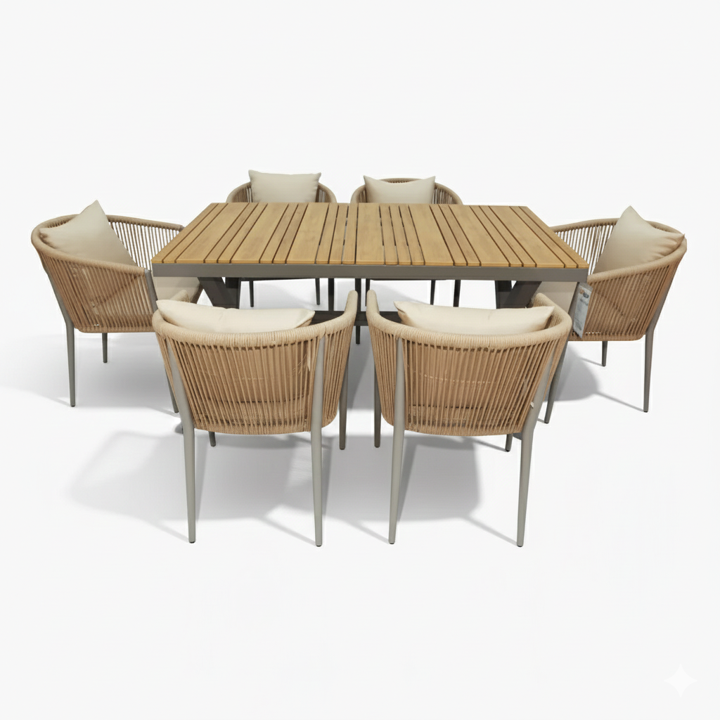 Outdoor dining set with a wooden table and Aluminum chairs on a white background