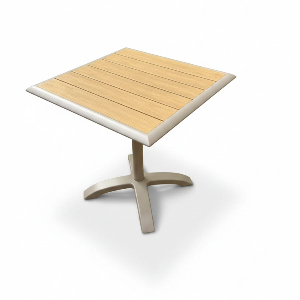 Square outdoor table with wooden top and metal base on a white background