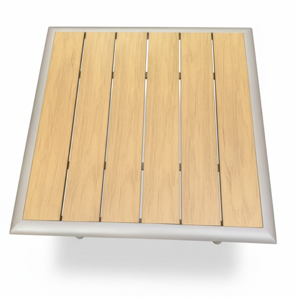 Square table with wooden slats on a white background