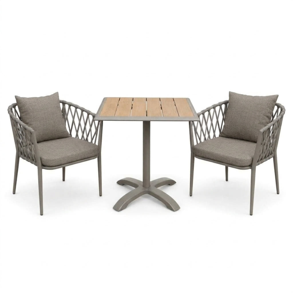 A 3-piece outdoor patio dining set featuring a square slatted table with a gray metal pedestal base and two matching armchairs with gray cushions and woven metal frames, shown on a white background.