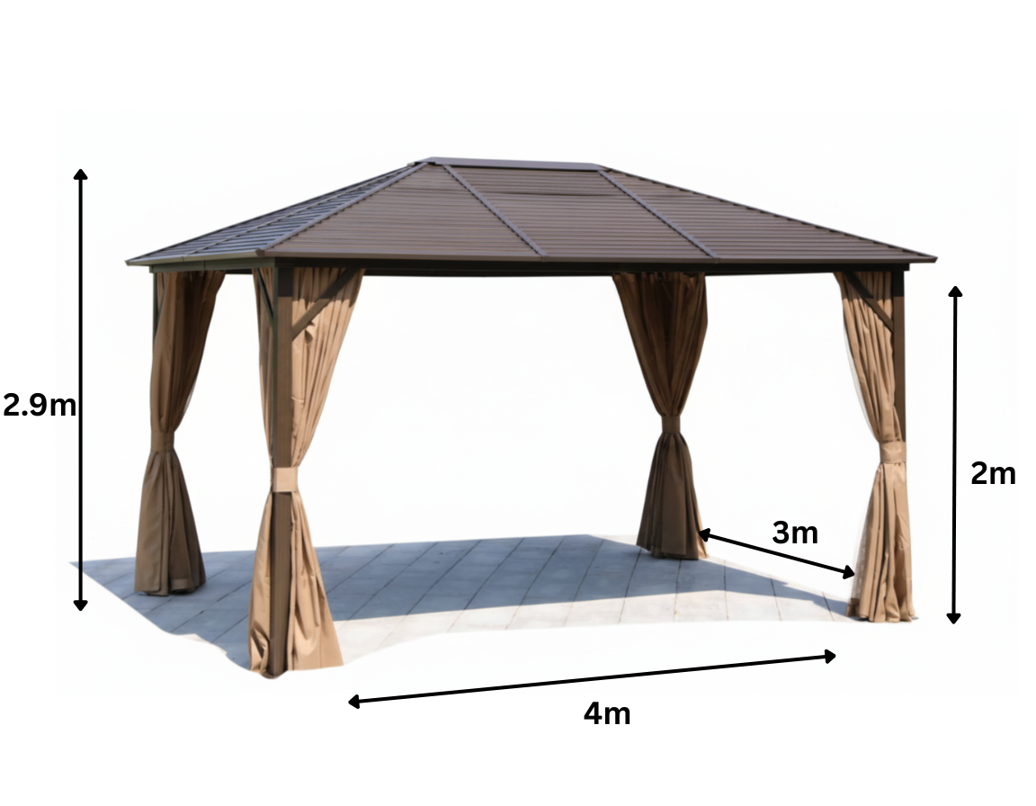 gazebo with curtains and dimensions on a white background