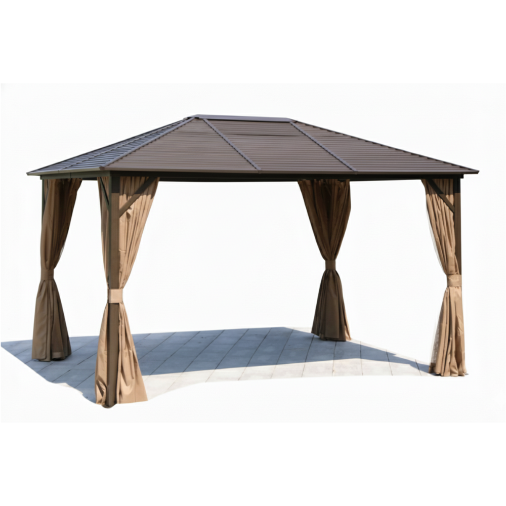 Brown outdoor gazebo with curtains on a white background