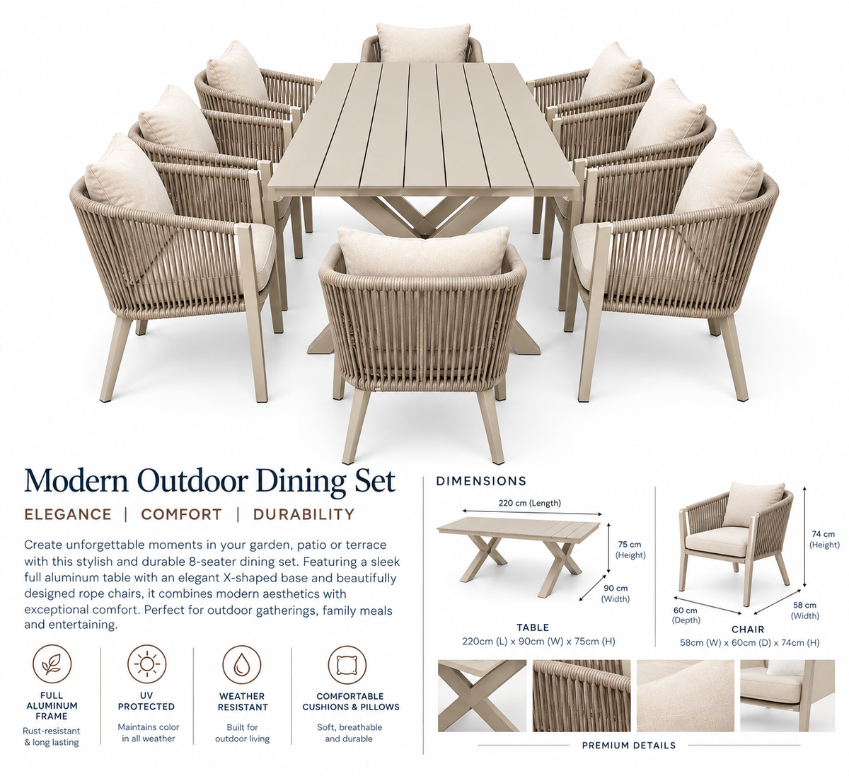 Casa Fiora 8-Seater Outdoor Aluminum Dining Set with Rope Chairs & Cushions
