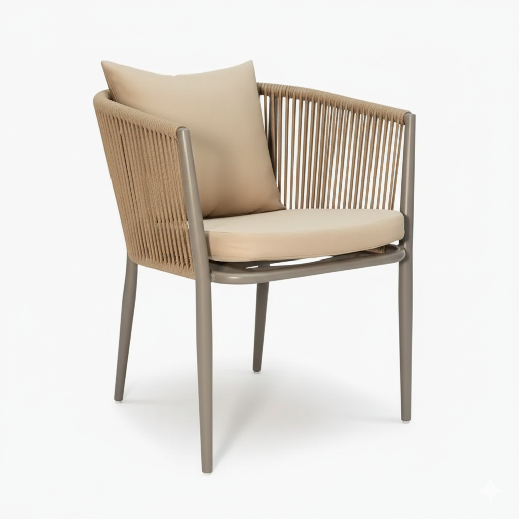 Beige chair in Rope design and cushion on a white background