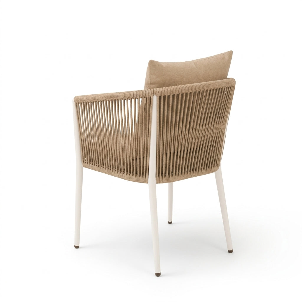 A modern outdoor armchair with beige woven rope seating and backrest, supported by a white metal frame with a matching beige cushion, shown on a white background.