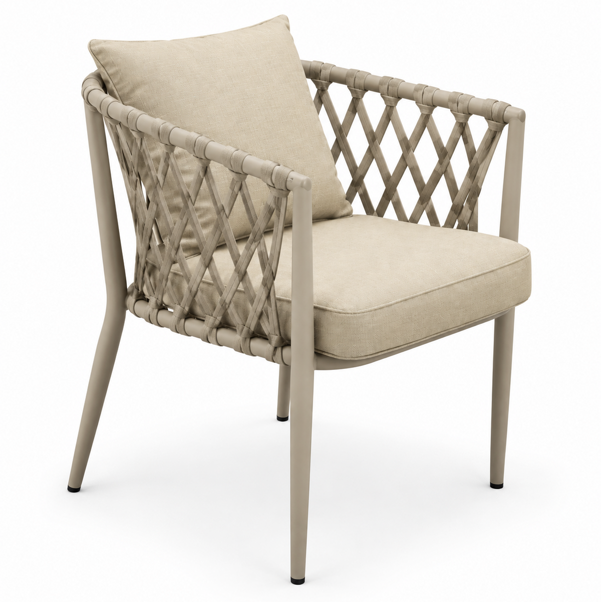 A modern outdoor armchair with a light beige woven rope backrest, a matching beige cushion, and a light gray Aluminum frame, shown on a white background.