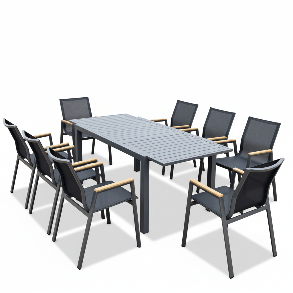 Casa Fiora Outdoor Extendable Dining Table & Chairs Set with Wood-Look Armrests(Dark Grey)