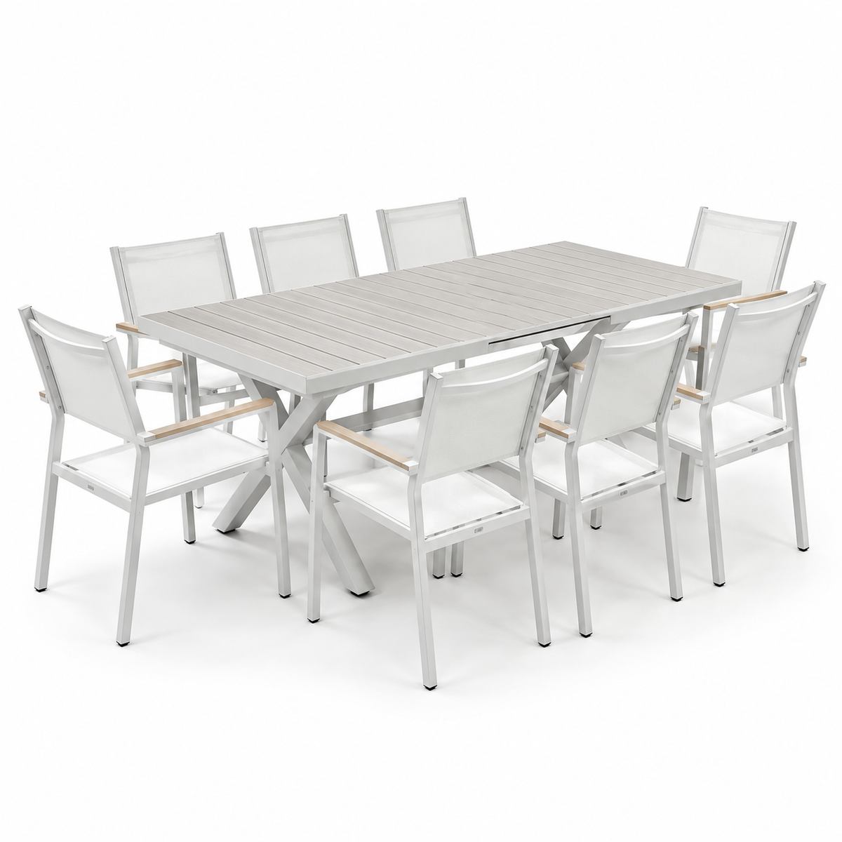 Modern Outdoor 9-Piece Extendable Dining Set – Aluminum X-Frame Table & 8 Mesh Armchairs