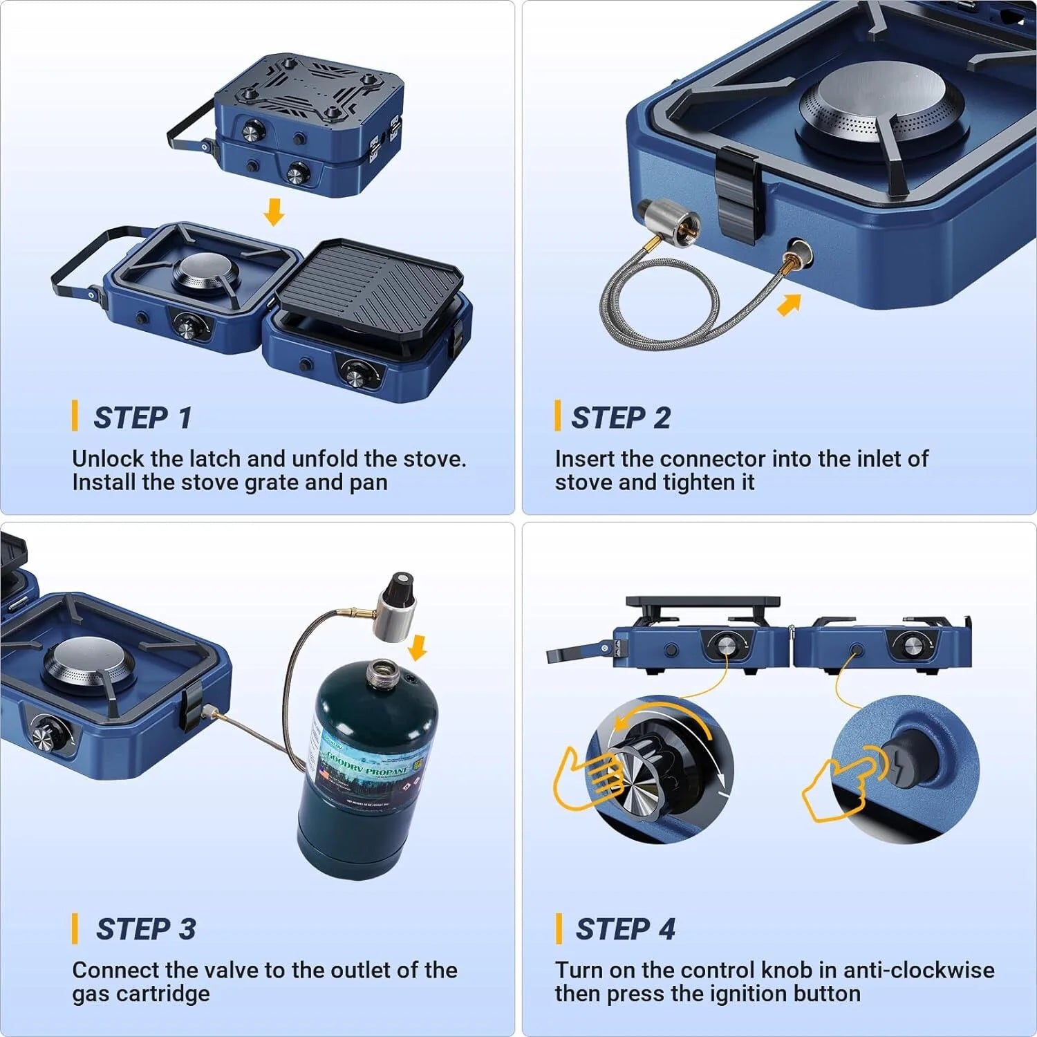 portable Foldable Camping Gas Stove with Grill Two Adjustable Burners 16000 BTU