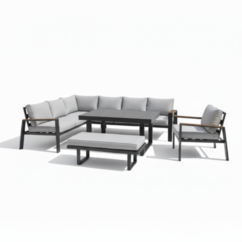 Casa Fiora Modern L-Shape Outdoor Sofa Set – Aluminum Frame with Weather-Resistant Cushions &amp; Slatted Dining Table