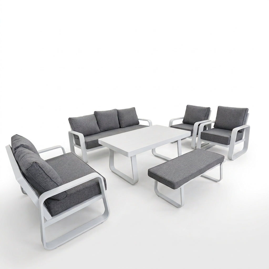 Casa Fiora Modern 7-Seaters+ Bench Aluminum Patio Furniture Set with Weather-Resistant Grey Cushions