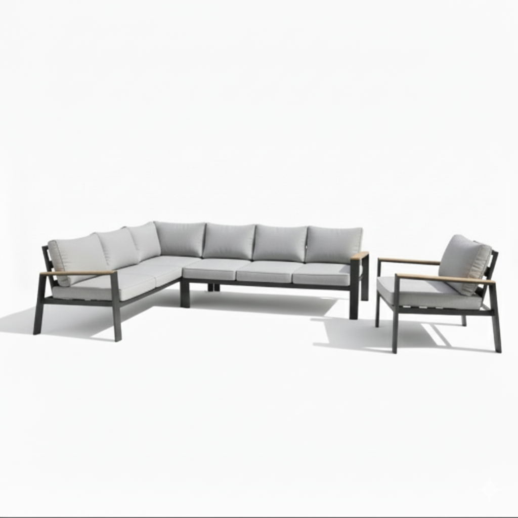 Casa Fiora Modern L-Shape Outdoor Sofa Set – Aluminum Frame with Weather-Resistant Cushions &amp; Slatted Dining Table
