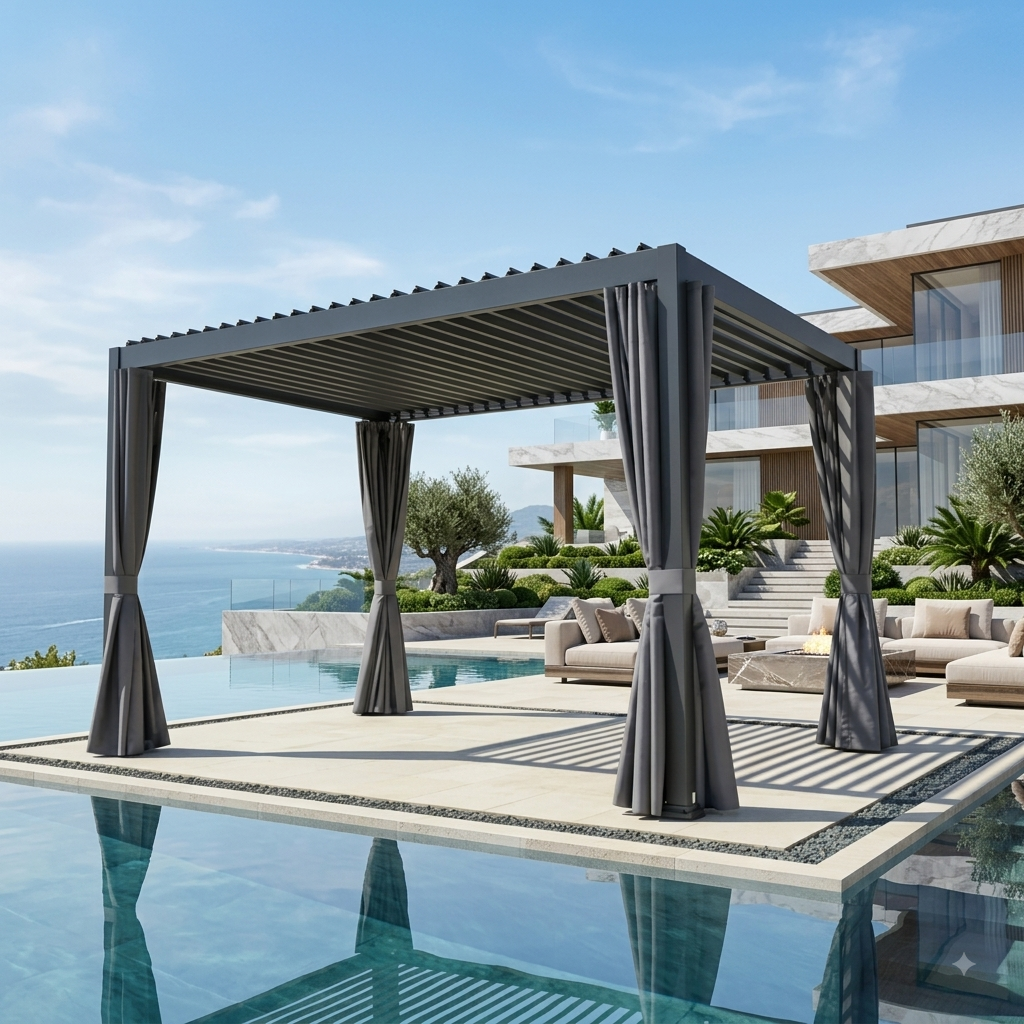 Modern Aluminum Louvered Pergola(3x4m) with Weather-Resistant Curtains(Black Color)