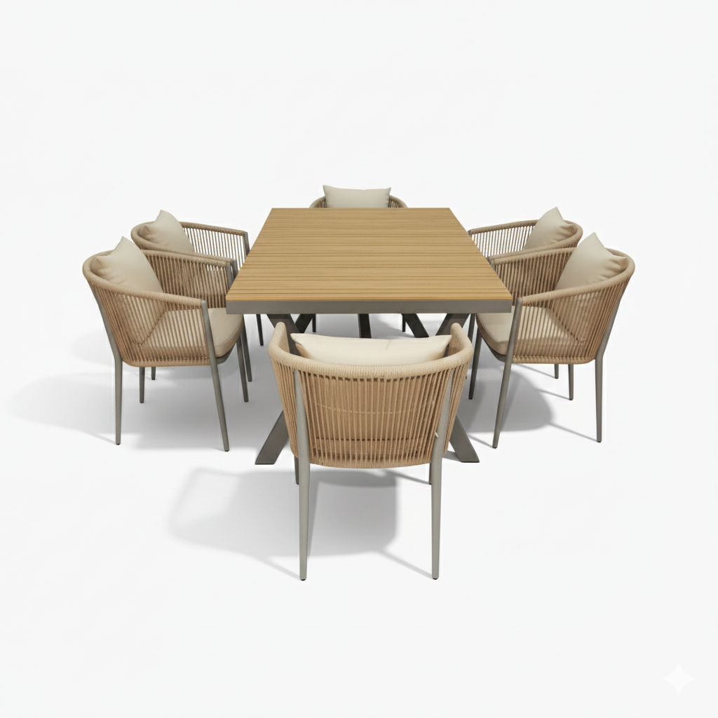 CasaFiora EliteLine 6-Seater Aluminum & WPC Outdoor Dining Set with Premium Cushions