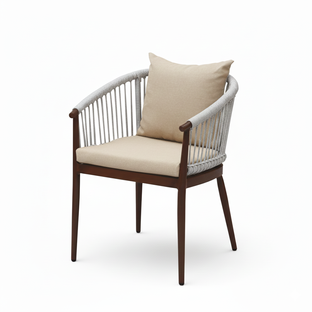 CasaFiora Outdoor Aluminum Chair with Comfortable Beige Cushion-Wooden Color Frame