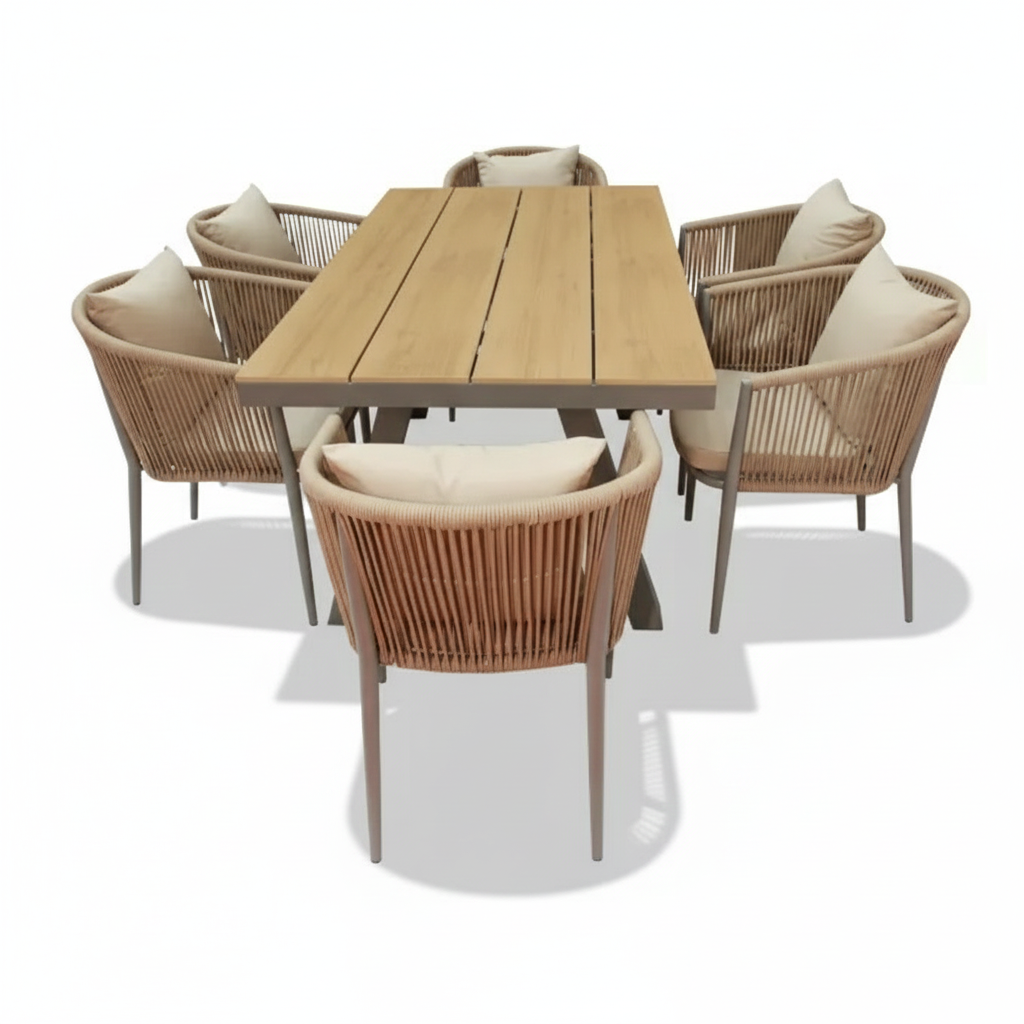 CasaFiora Premium Aluminum & WPC 6-Seater Garden Dining Set with Cushions