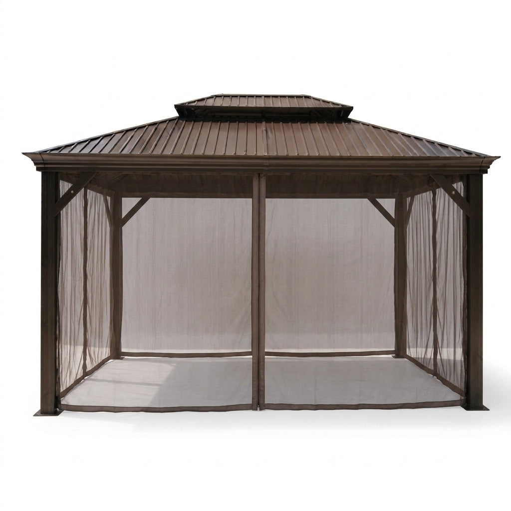 Casa Fiora Premium 3x4M Hardtop Double Roof Aluminum Gazebo with Curtains & Mosquito Nets – Brown