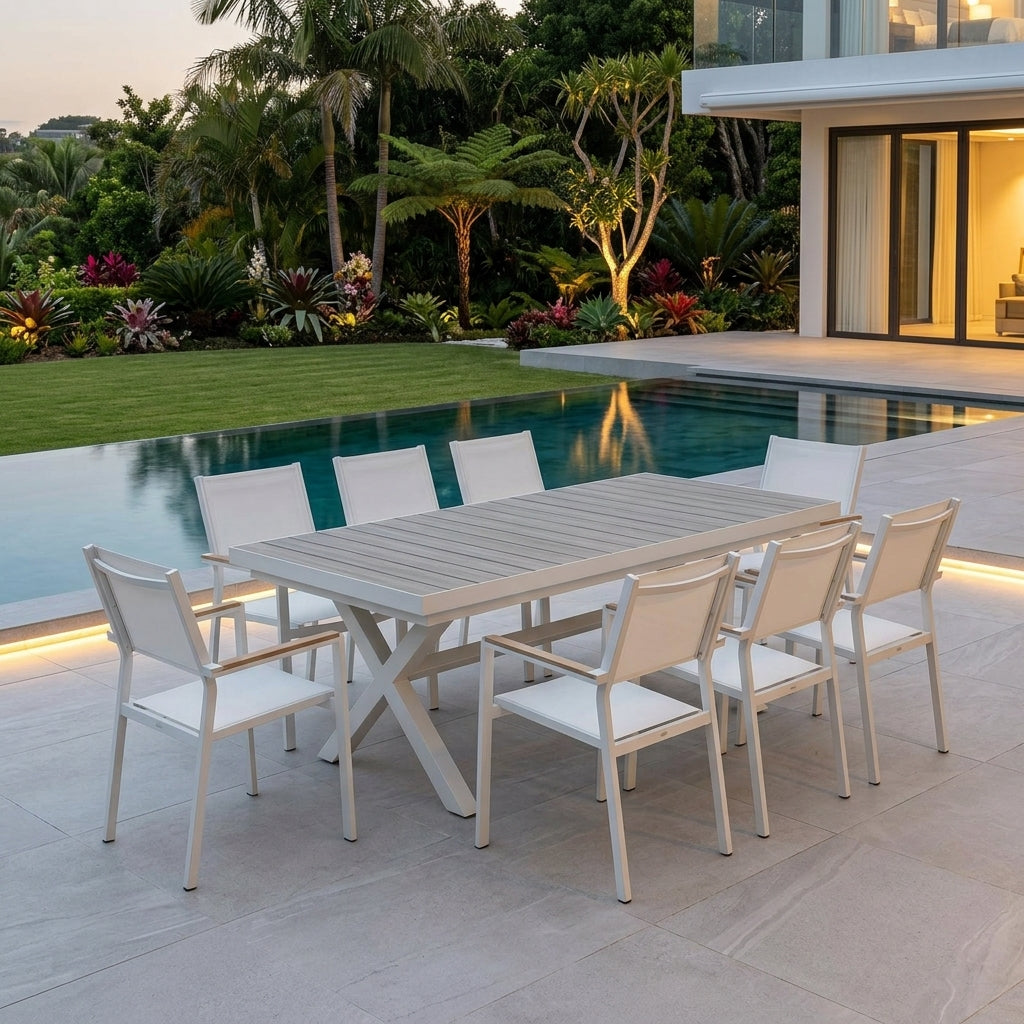 Modern Outdoor 9-Piece Extendable Dining Set – Aluminum X-Frame Table & 8 Mesh Armchairs