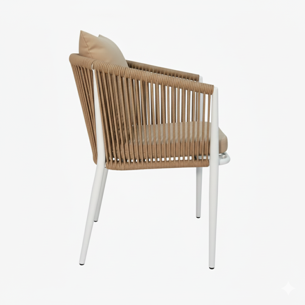 CasaFiora Outdoor Aluminum Rope Dining Chair with Comfort Cushion-White Frame