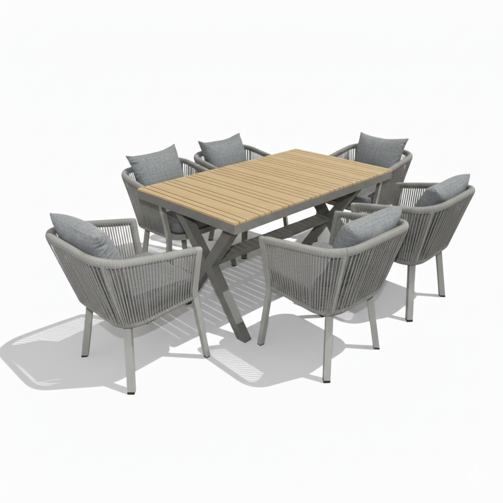 CasaFiora Prestige Luxury Aluminum Frame WPC Outdoor Dining Set – 6 Seater