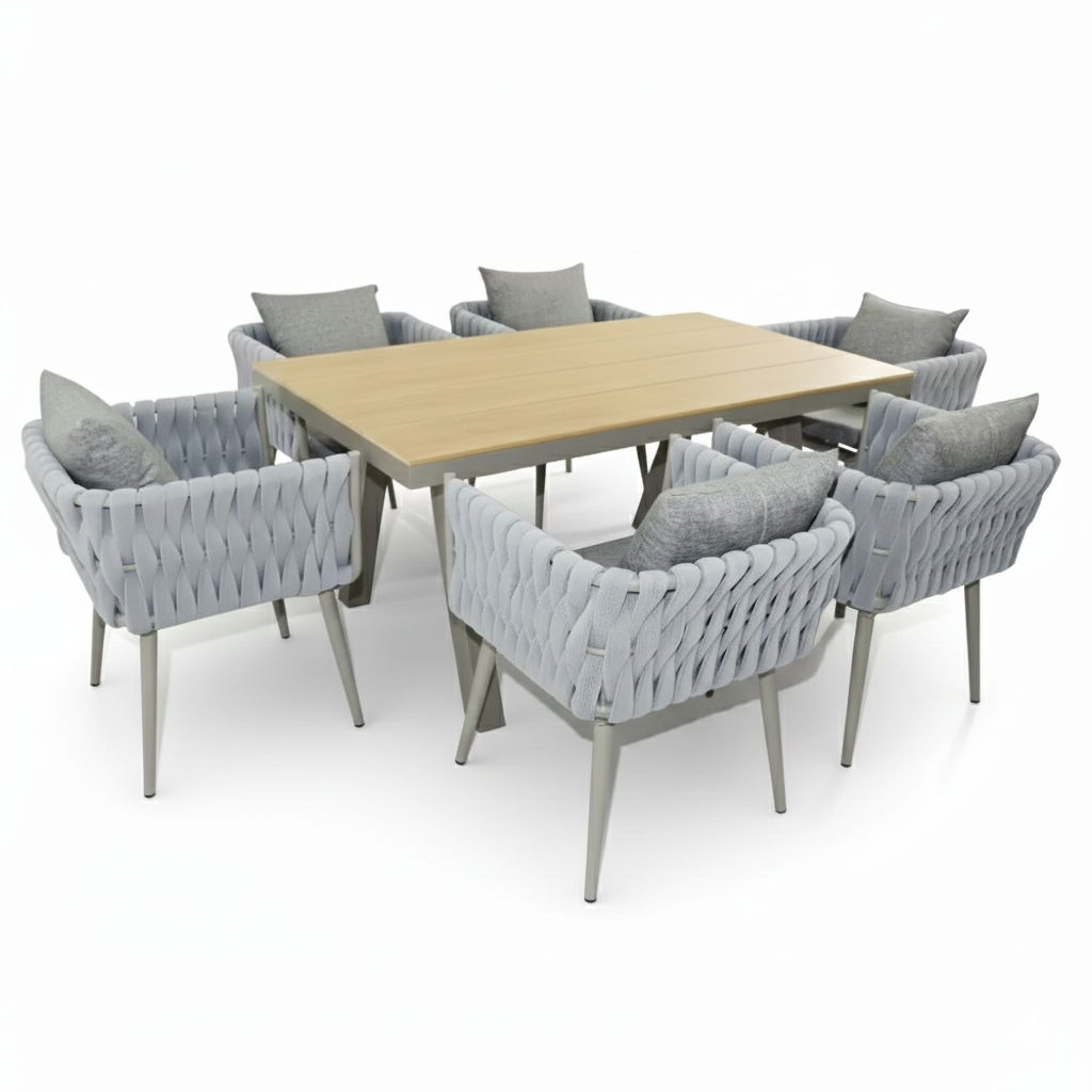CasaFiora Luxury Aluminum & WPC 6-Seater Outdoor Dining Set with Cushioned Chairs