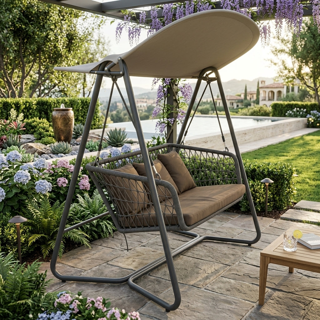 Casa Fiora 3-Person Outdoor Patio Swing – Weatherproof Aluminum & Woven Rope Garden Swing Chair with Canopy