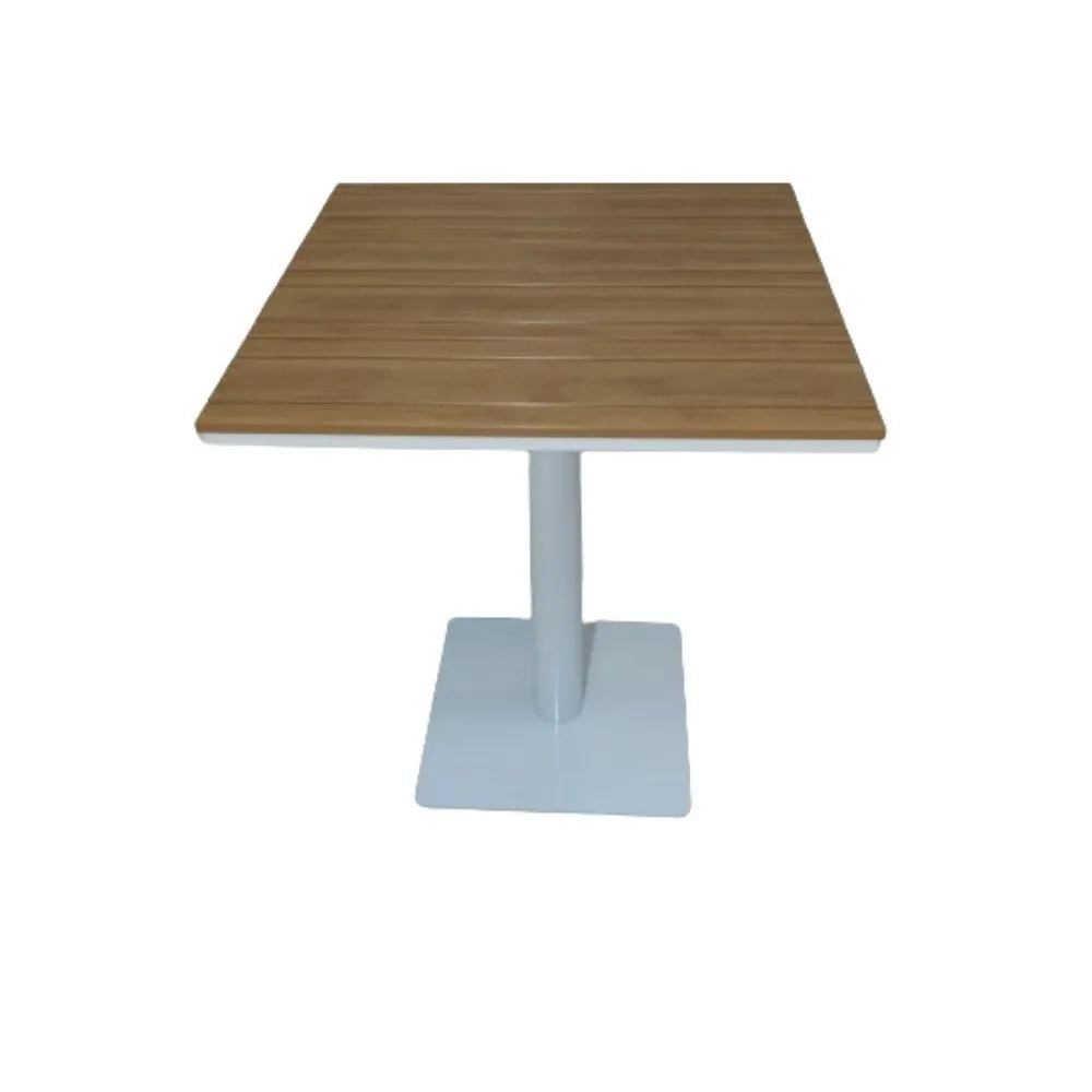 Casa Fiora modern square outdoor bistro table with a wood-look top and a single pedestal base