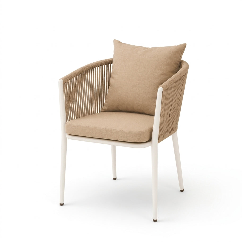 A modern outdoor armchair with a beige woven rope backrest, a matching beige seat cushion, and a square beige throw pillow, supported by slim white metal legs, shown on a solid white background.