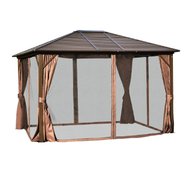 Outdoor gazebo with brown curtains and mesh walls on a white background