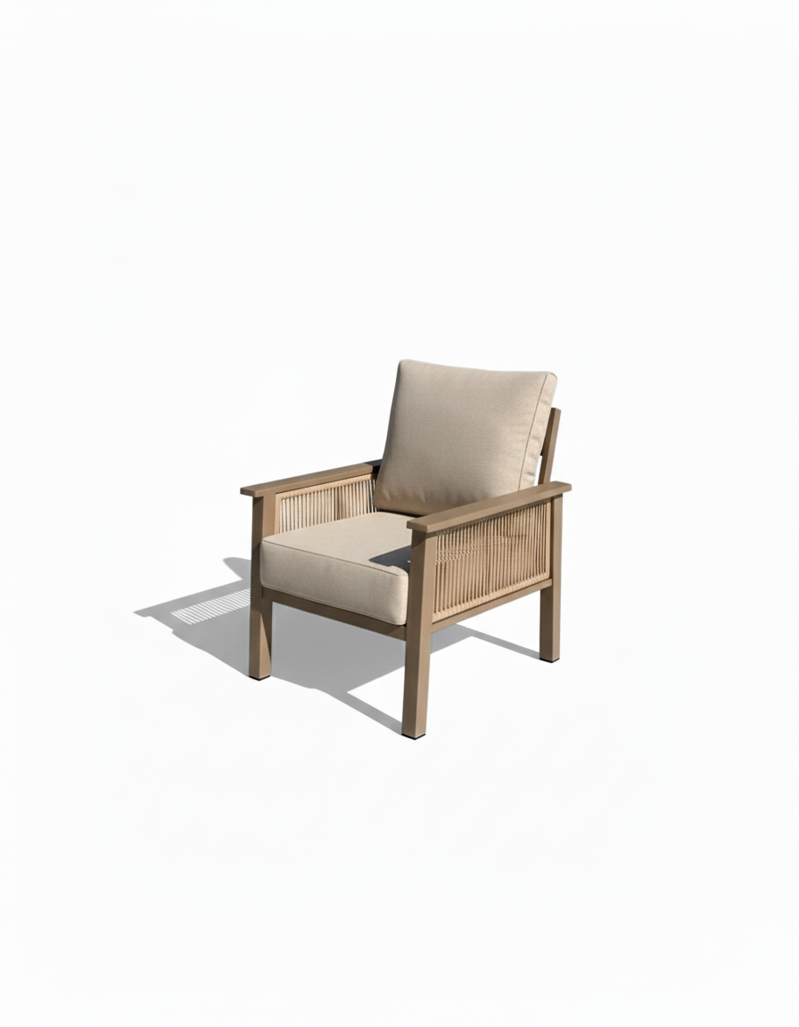 Aluminum armchair with beige cushion on a white background