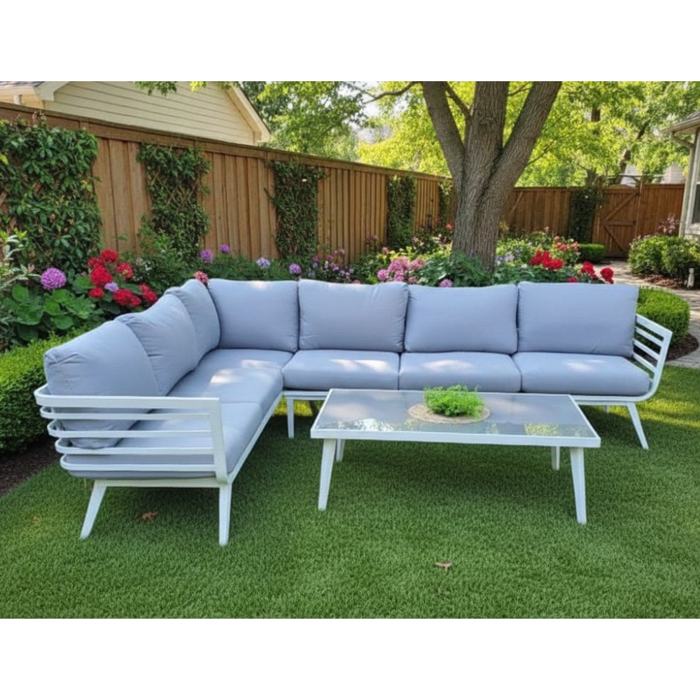 Casa Fiora White Aluminum Corner Sofa With Grey Cushions