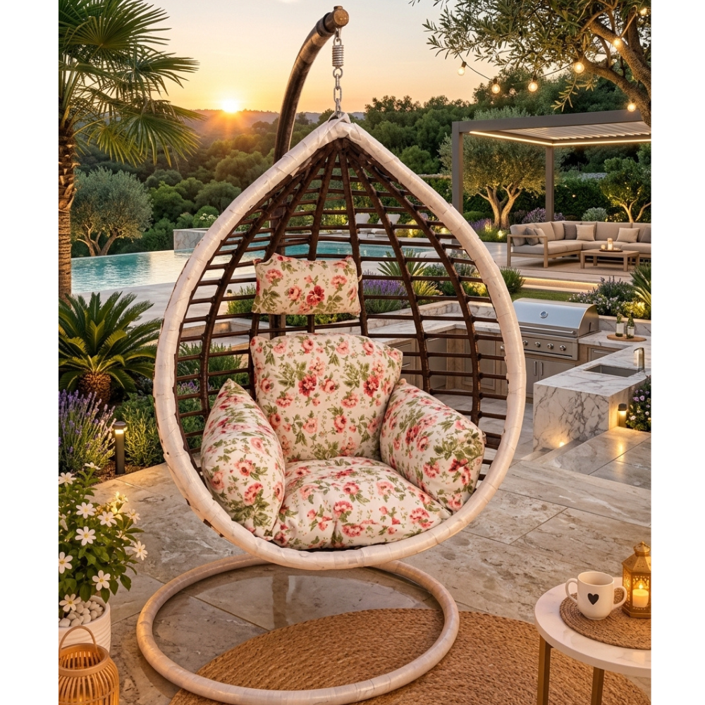 Casa Fiora Luxury Hanging Egg Chair with Floral Cushions