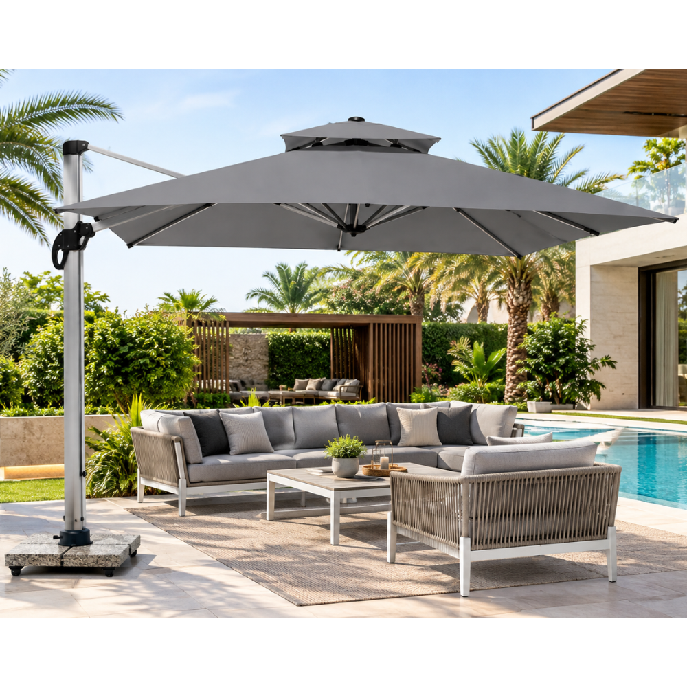 Casa Fiora 3x3M Grey Cantilever Outdoor Umbrella with 110kg Wheeled Base – 360° Rotation & Reclining