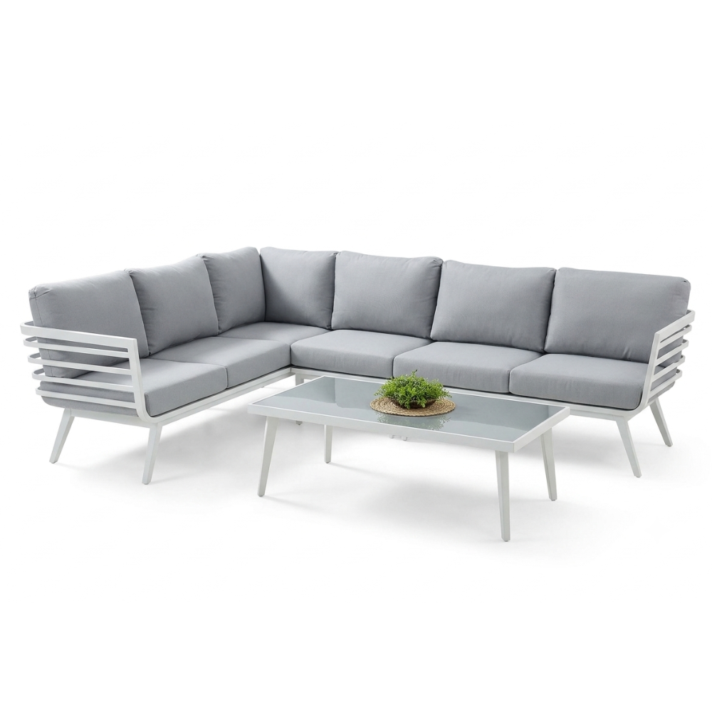 Casa Fiora White Aluminum Corner Sofa With Grey Cushions