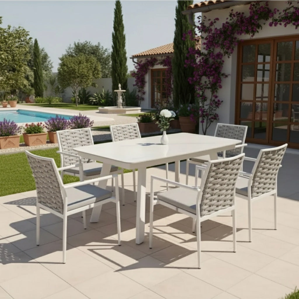 Casa Fiora Outdoor Aluminium Dining Set with Waterproof Cushions – 6 Seats