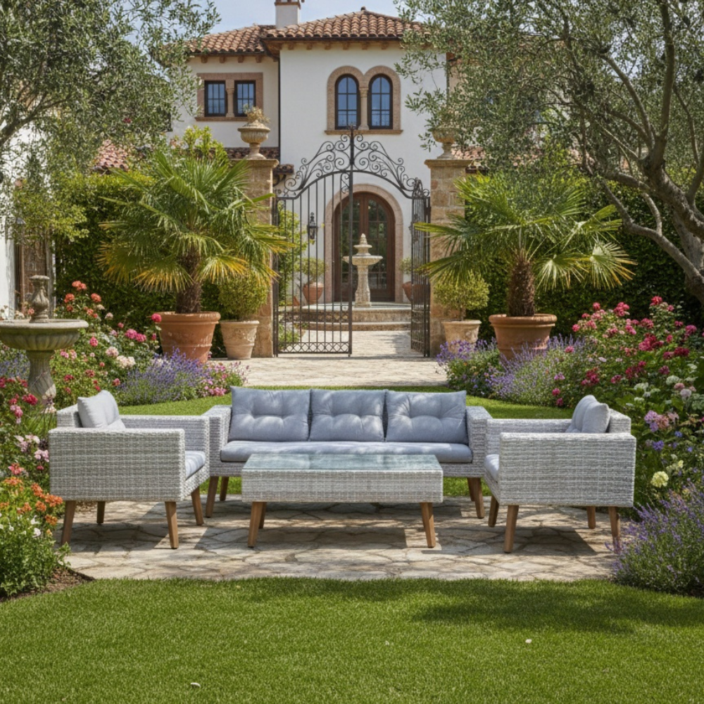 Casa Fiora 7 Seater Grey Rattan Lounge Set with Grey Cushion