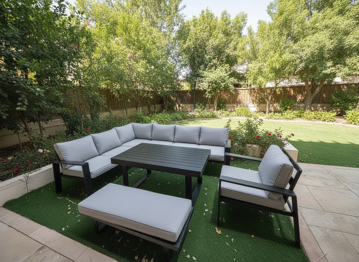 Casa Fiora Modern L-Shape Outdoor Sofa Set – Aluminum Frame with Weather-Resistant Cushions &amp; Slatted Dining Table
