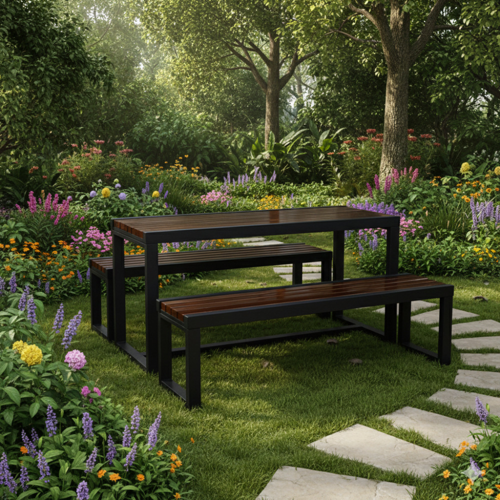 Casa Fiora Outdoor Picnic Table Set with Wooden Slats & Metal Frame