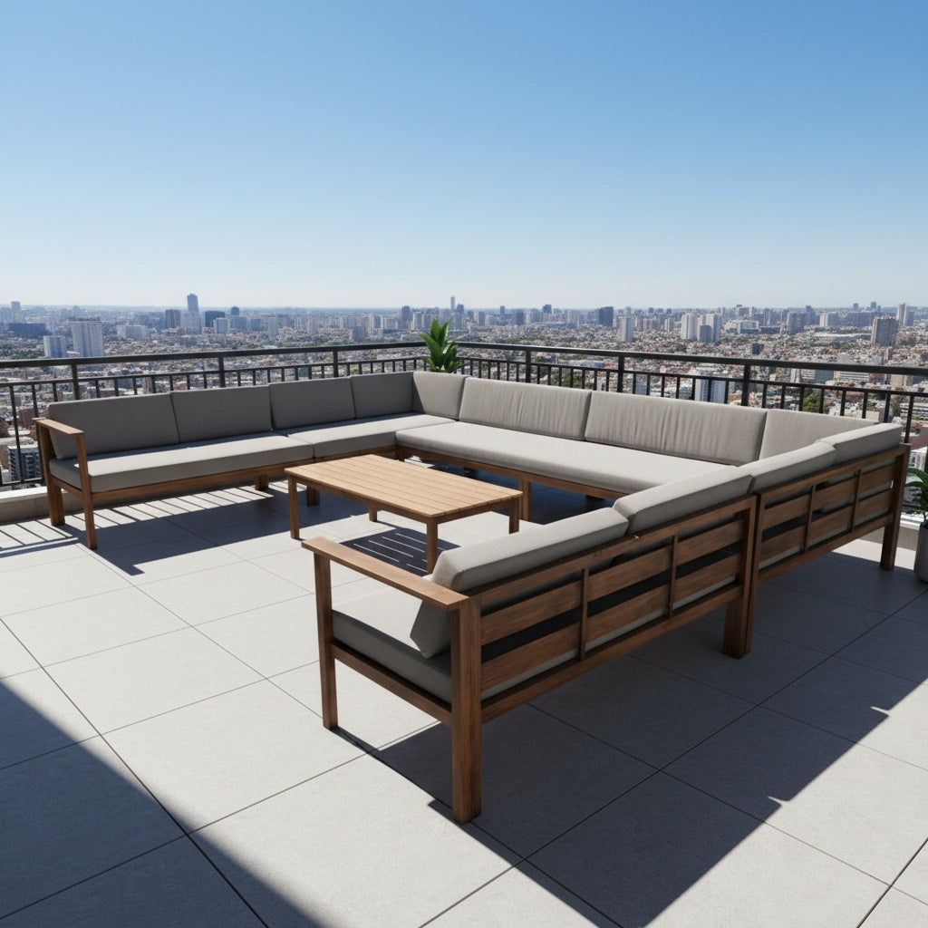 Casa Fiora Luxury Outdoor U-Shaped Sofa Set – Aluminum Frame with Wood-Finish - Weather-Resistant Cushions