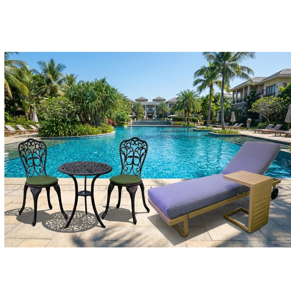 Casa Fiora Wooden Paint Aluminium Sunlounge With Grey Cushion and Side Table